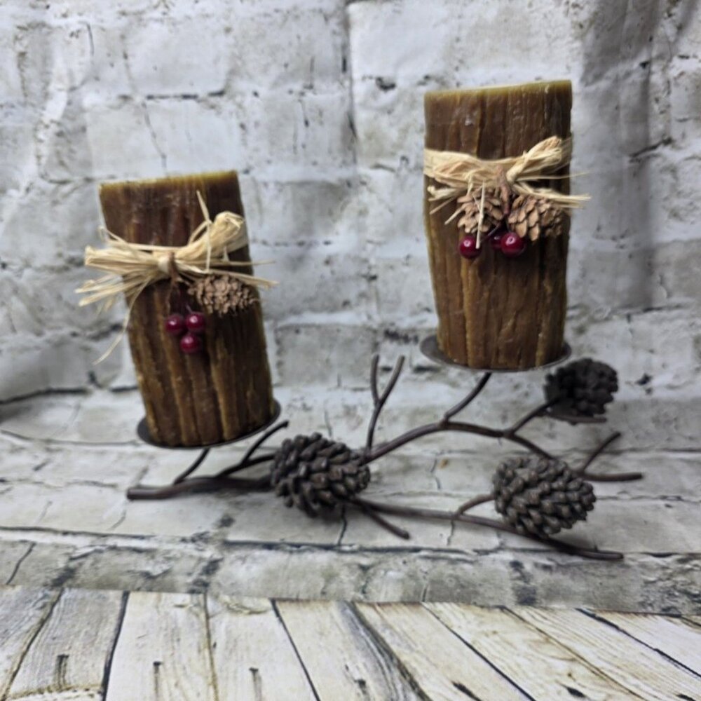 Rustic Metal Pinecone Armed Candelabra Motif Pine Tree Branch w Candles 14 x 10"